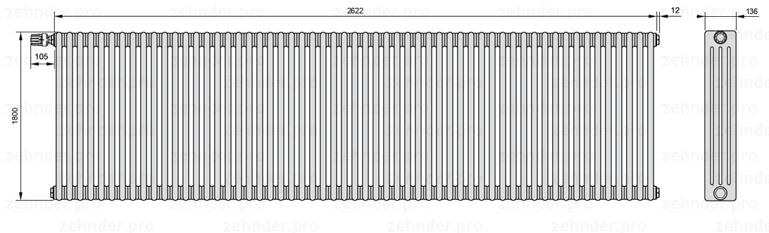 Схема (чертеж) Радиатор Zehnder Charleston 4180/57 №V012 Белый глянцевый RAL 9016
